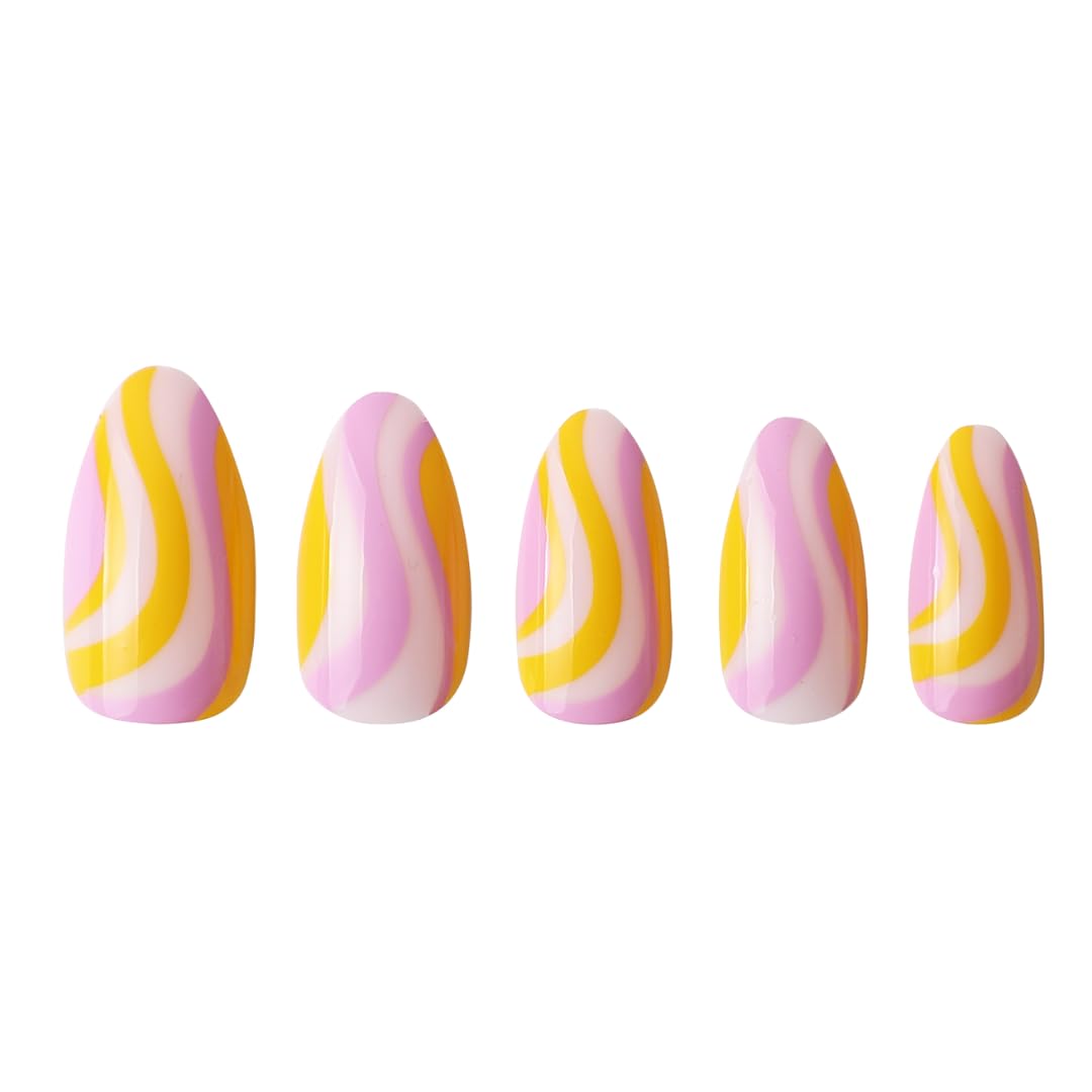 PaintLab Press On Nails - Orange Swirl Almond Fake Nails, 24 Nails in 12 Sizes with Glue, Reusable Salon Quality Press On Nails