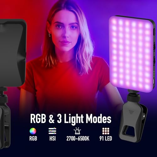 91 LED Portable Charger Selfie Light Video Conference Lighting with Clip & Camera Tripod Adapter Rechargeable 2000mAh CRI 96+, 4 Light Modes for Phone iPhone Webcam Laptop Makeup