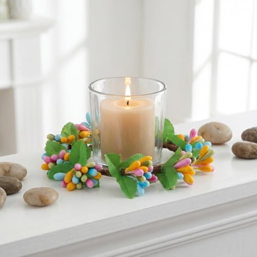 MAGICLULU Easter Candle Rings, 5pcs Artificial Berry Floral Spring Wreaths Decor for Votive Tea Lights, Table Centerpiece, Home Door Window Festival Decoration
