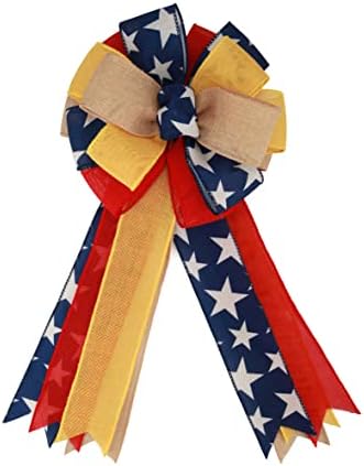 Meseey 1 Pcs Large Red and Blue Patriotic Bow Yellow Deployment of Troops Ribbon Bow for Bunting Wreath Holiday Independence Day 4th of July Party Door Wall Decoration (Patriotic)