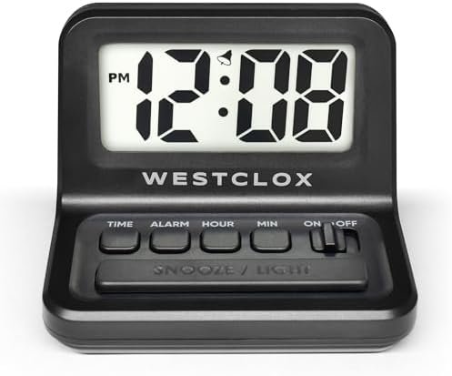 Westclox LCD Digital Bedside Alarm Clock with White Backlit Display and Snooze Function, Battery Operated, (Black, 3-Inch)