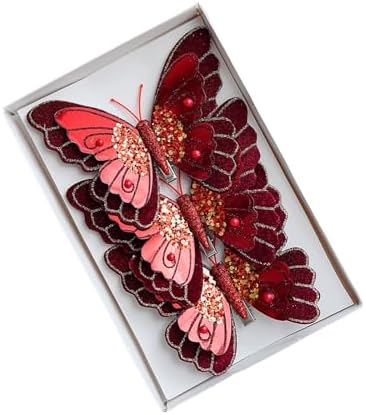 LEBETE Pack of 3 Double Layer Butterfly Christmas Tree Clips Accessory Elegant Fabric Ornaments for Holiday Decorations