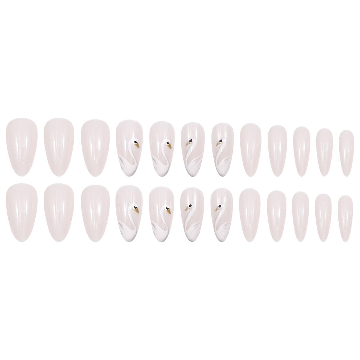 Nailora 24 Pcs White Swan Press On Nails | Almond Shape Stick On Nails | 3D Elegant Gel Glue False Nails | Ballet Aesthetic Manicure for Women