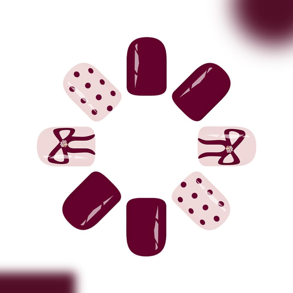 Red Press on Nails Polka Dot Short Square Acrylic Nails Fake Nails with Bow Design Cute Gel Artificial Nails Holiday Fingernails Glue on Nails Winter Valentines Stick on Nails for Women 24Pcs