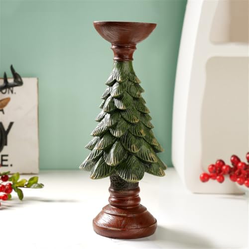 Resin Decorative Stand with Christmas Tree Pedestal, Distressed Finish Round Tray Accent for Holiday Home Decor Holiday Holder Christmas Tree Stand Resin Mantel Decor Table Centerpiece Vintage