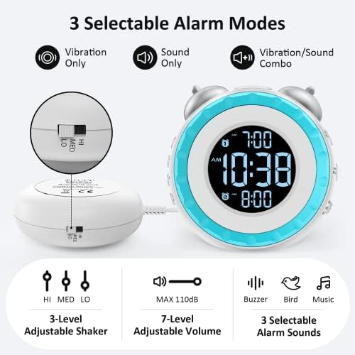 uscce Loud Dual Alarm Clock with Powerful Adjustable Bed Shaker | Vibrating Alarm Clock for Heavy Sleepers or Hearing Impaired - Easy Alarm Clock with 0-100% Dimmer & Battery Backup (White)