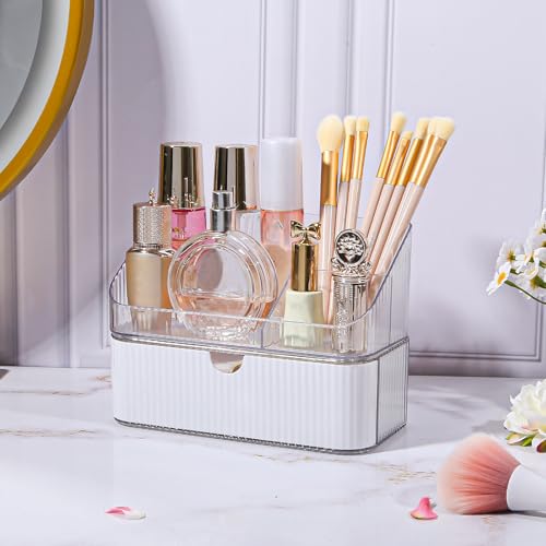 DASITON Makeup Organizer with Drawers, 2 Tier Stackable Organizer for Cosmetics, Skincare, Lipsticks, Makeup Brush, Acrylic Small Makeup Organizers for Vanity Bathroom Countertop Desk Storage (White)