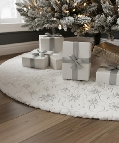 AOGU 36 Inch Sequin Faux Fur Christmas Tree Skirt for Christmas Tree Decorations White Plush Silver Sequin Snowflake Tree Skirt