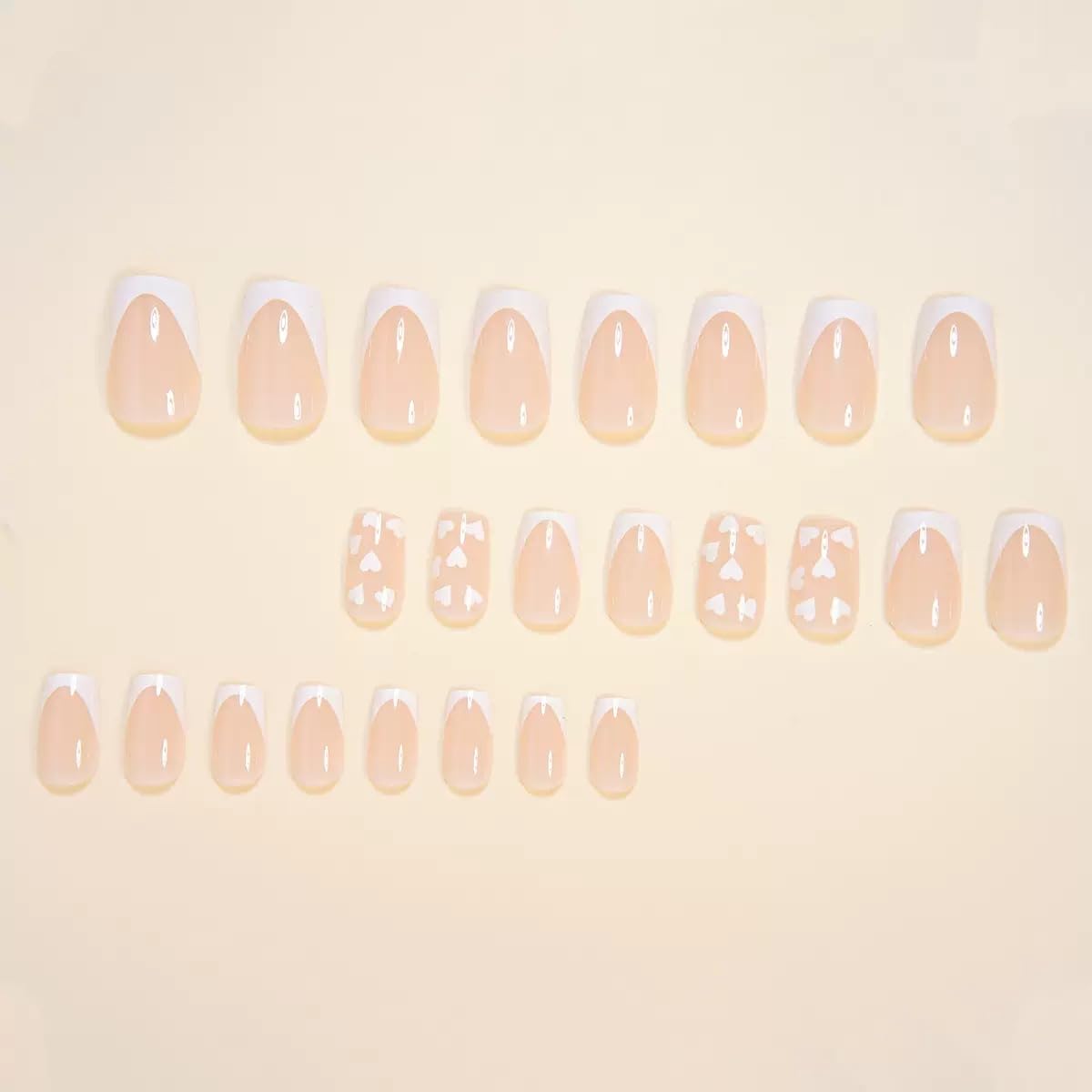 Medium Press on Nails Square - White French Tip False Nails with Heart Design - Glossy Full Cover Stick on Fake Nails for Women Manicure 24 Pcs