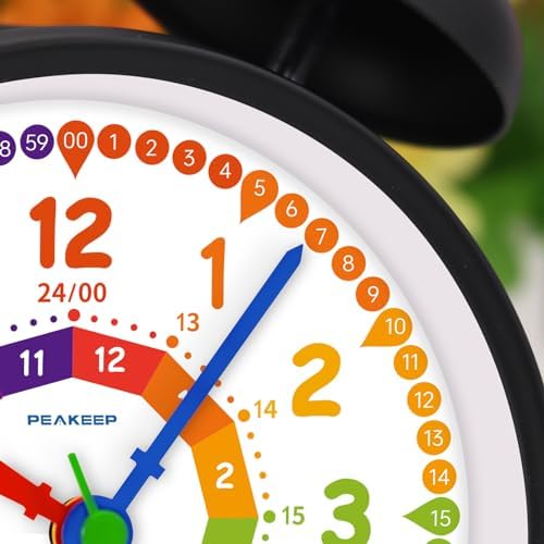 Peakeep Learning Clock for Kids Time Teaching, Loud Alarm to Wake Up | 4.5" Twin Bell Alarm Clock Battery Operated for Teenagers Kids, Kids' Room (Black)