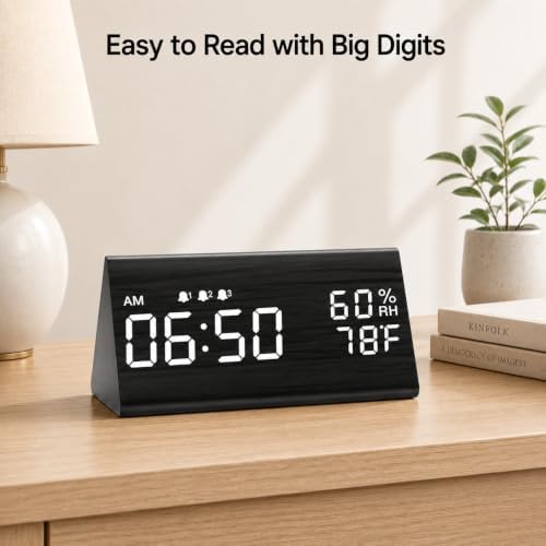 JALL Wooden Digital Alarm Clock for Bedrooms and Office, 3 Alarms with Big Digits, Humidity and Temperature Display, 6-Level Dimmer, Snooze, Loud Desk Clock for Heavy Sleepers, Plug in (Black)