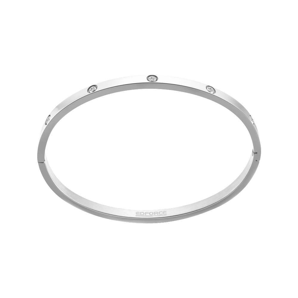Edforce Stainless Steel 4mm Width Thin Love CZ Bangle Bracelet for Women (Silver)