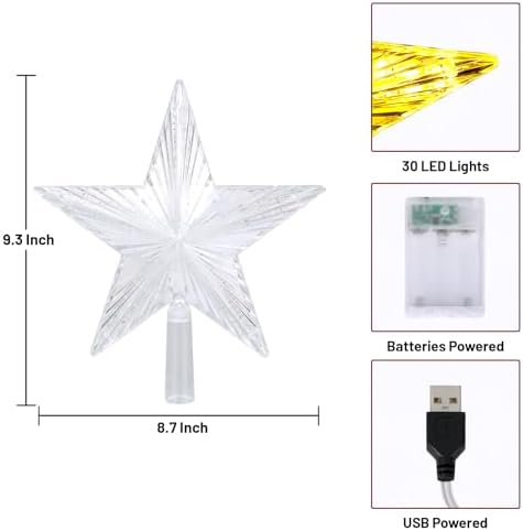 Christmas Tree Topper Star Warm White Light,Star Tree Topper for Christmas Tree Decoration Xmas Tree Topper with 30 LED Lights Battery and USB Powered 8.7 Inch