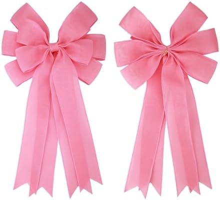 Meseey 2 Pcs 20 x 10 Inch Large Pink Burlap Bows, Wired Edge Premade Burlap Bows for Wreaths, Front Door Decor, Easter Decorations, Tree Topper, Gift Wrapping, Wedding and Baby Shower Decor