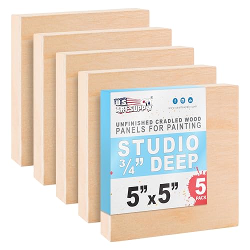 U.S. Art Supply 05" x 05" Unfinished Cradled Wood Panels for Painting, Studio 3/4" Deep (5 Pack) - Artist Depth Birch Wooden Wall Canvases - Mixed-Media Craft, Acrylic, Oil, Encaustic, Paint Pouring - size: 5" X 5", style: Square
