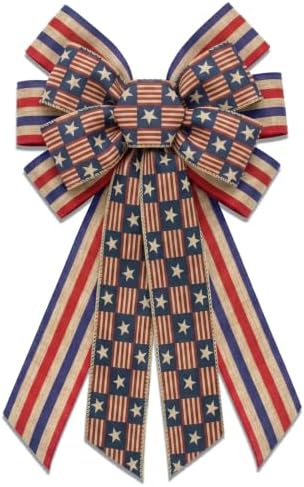 Large 4th of July Patriotic Wreath Bow USA 250th Anniversary Ribbon Bows for Wreaths, Stars and Stripes Tree Topper Bow Red White and Blue Decor Bows for Home Indoor Outdoor Wreath Ornament (Style B)