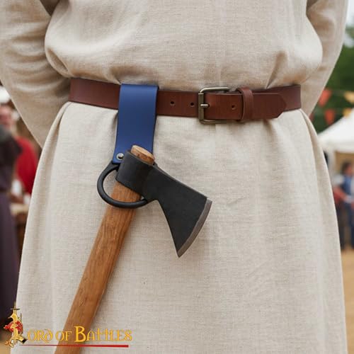 Lord of Battles Medieval Genuine Leather Axe Frog | Axe Holster with Belt Loop | Waist Holder for Axes, Tools - color: Blue