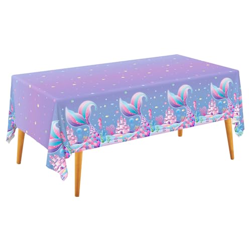 Gatherfun Mermaid Party Supplies Set: 2-Pack Rectangular Plastic Tablecloths, 54 x 108 Inches, Purple (Gradient) Mermaid Pattern, Kids & Girls 1st Birthday Decorations - style: mermaid