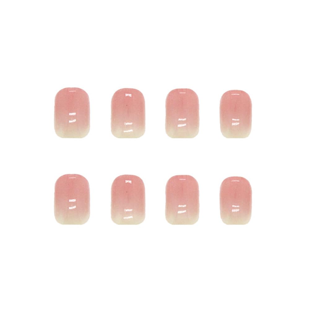 24Pcs Acrylic Press on Nails Short Square RUPOFUZA Fake False Nails with Pink Ombre Press ons Designs Nail Press on Artificial Stick on Nail for Women