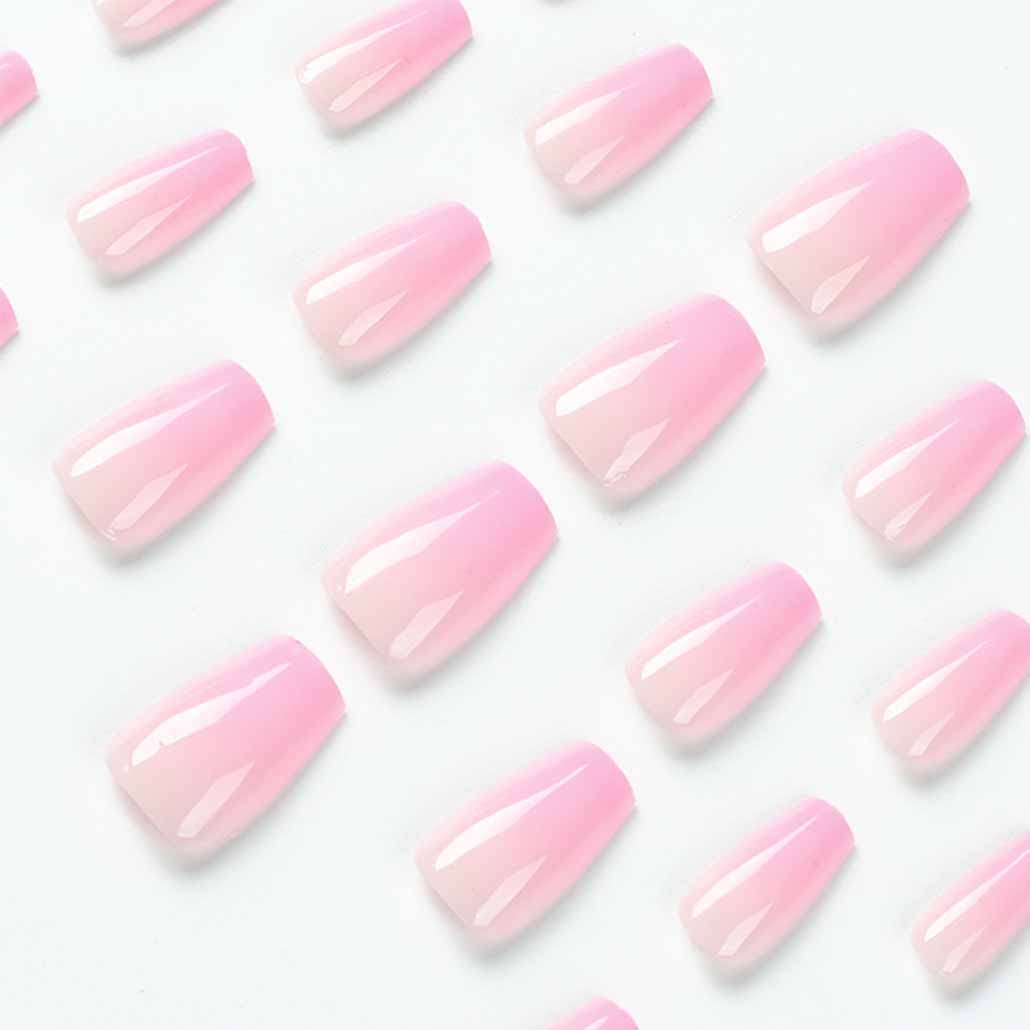 Foccna 24pcs Pink Fake Nails Gradient Coffin Glossy Press on Nail False Tips Medium Length Artificial Finger Manicure for Women and Girls