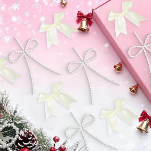 18 Pcs Bow Ornaments for Christmas Tree,Include 6 White Pearl Bows 12 Beige Satin Ribbon Bows,Bow Ornaments Christmas Tree Toppers for Home Wreath Fireplace Xmas Gift Packaging Wedding Party Decor