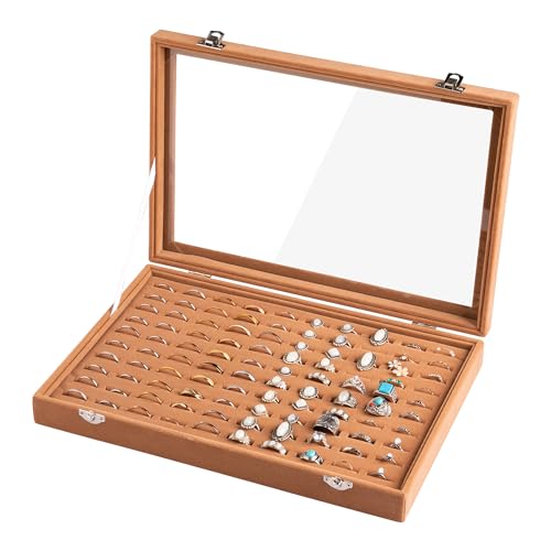 Frebeauty Ring Organizer Tray 100 Slots Ring Holder with Clear Lid Velvet Storage Box Jewelry Tray for Jewelry Store Earring Display Case for Jewelry Show Studs Box for WomenCamel - color: Camel