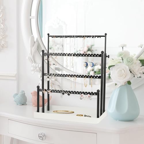 Tirzah 3-Tier Adjustable Earring Necklace Holder Organizer Stand, Black Jewelry Display Tree with 105 Slots, 10 Double-Sided Hooks, White Tray for Women, Girls - color: White & Black, for Necklace Earring