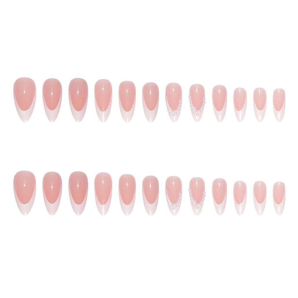 Foccna Press on Nails French Medium, Pearl White Fake Nails Almond Acrylic False Nails,Artificial Glue on Nails for Women 24pcs