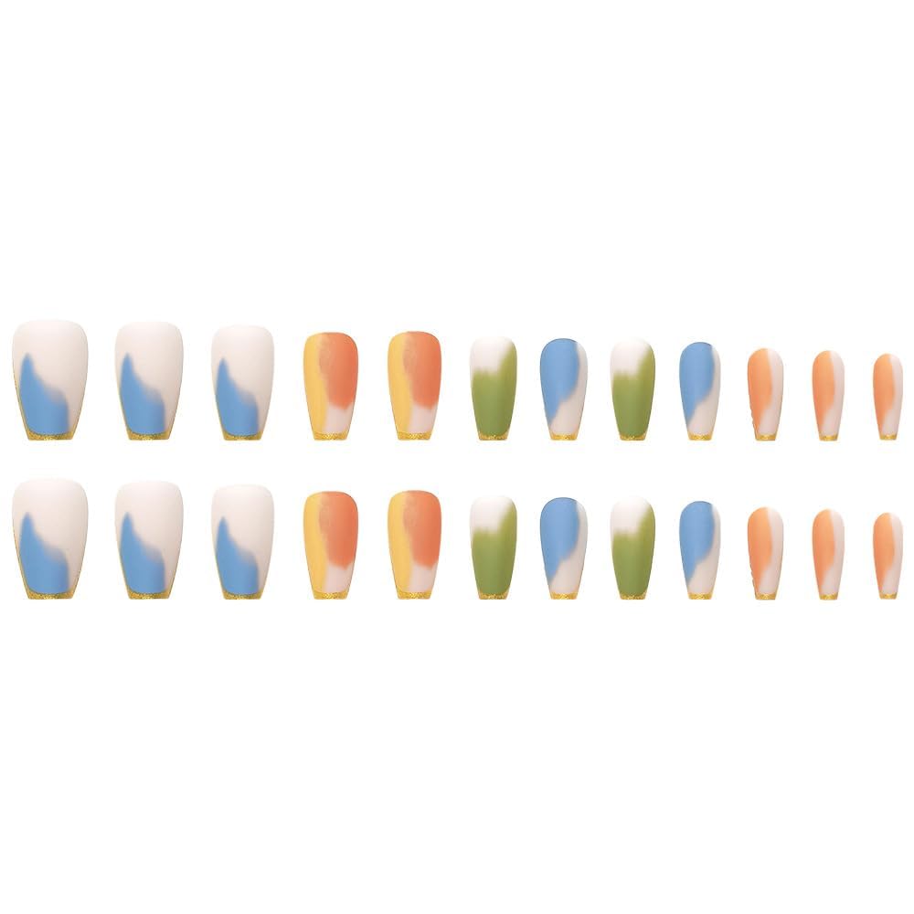 plalely Coffin Press on Nails Medium Gradient Fake Nail Golden Edge Acrylic Nail Press ons with Water Color Design Stick on Nail for Women 24pcs