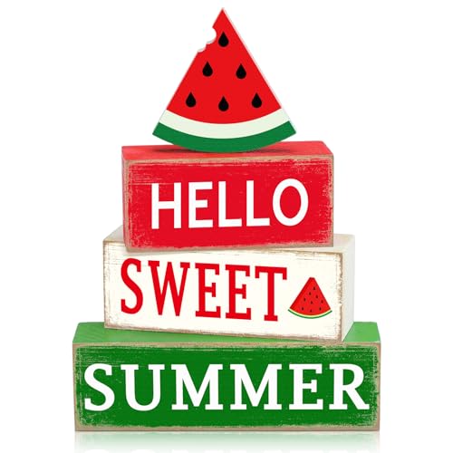GlikCeil 4 Pcs Summer Watermelon Wood Block Table Sign Watermelon Table Decorations Centerpieces Farmhouse Rustic Tiered Summer Tray Decor for Home Office Desk Kitchen Shelf Decor - style: Watermelon