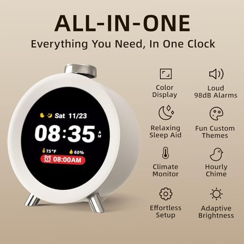 Dekala ChronoSense Smart Alarm Clock for Bedroom Temperature Humidity, 7-Day Programmable 4 Alarms, 100dB Loud Gradual Alarm for Heavy Sleeper, Hourly Chime, White Noise Sound Machine, App Control