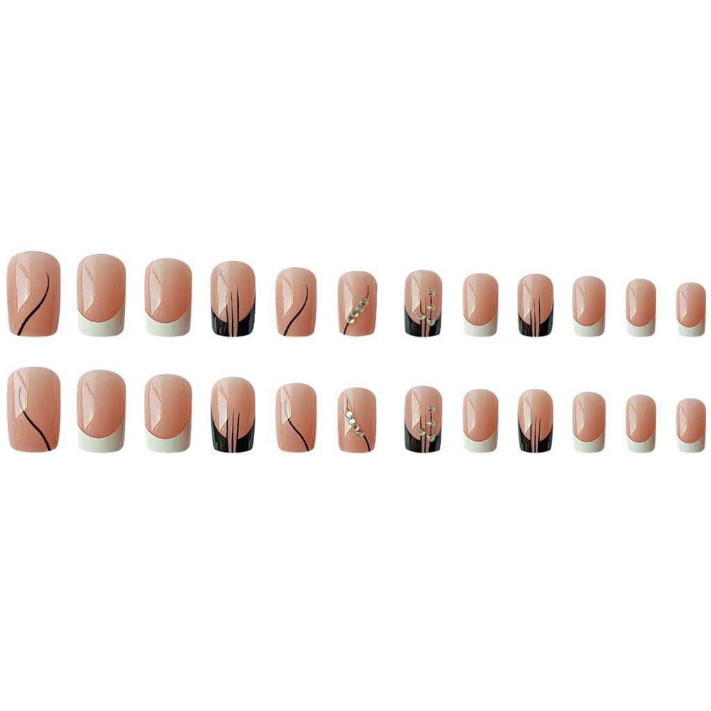 RikView French Tip Press on Nails Medium Acrylic Nails White Nails Black Stick on Nails with Rhinestones Coffin Fake Nails