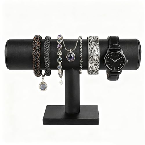 TENINYU Hovering T-Bar Bracelet Necklace Earring Bangle Pendants Anklet Tower Watch Key Jewelry Display Stand for Home Organization (Black Leatherette) - color: Black Leatherette