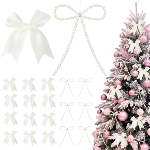 18 Pcs Bow Ornaments for Christmas Tree,Include 6 White Pearl Bows 12 Beige Satin Ribbon Bows,Bow Ornaments Christmas Tree Toppers for Home Wreath Fireplace Xmas Gift Packaging Wedding Party Decor
