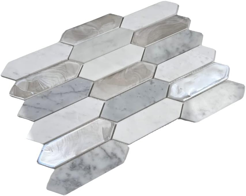 Andalucia White Pearl Hex Picket Iridescent Glass Stone Marble Mosaic Tile - Textured Multi-Surface for Backsplash, Shower Walls, Bathroom, Accent Decor (5 Sheets) - style: 5 Sheets