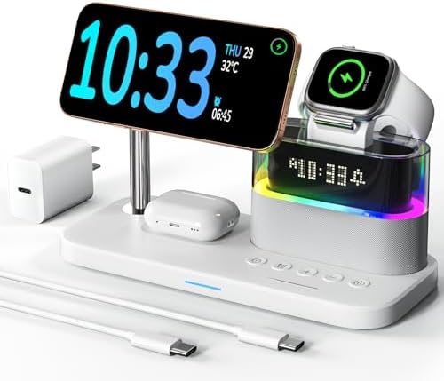 5 in 1 Mag-Safe Wireless Charger with Alarm Clock Night Light for Apple