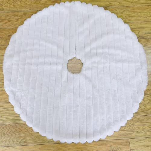 Faux Fur Christmas Tree Skirts, 36 inches Plush Fluffy Christmas Tree Skirt with Stripe Textured Pattern for Christmas Tree Decorations (90CM, White Stripe)
