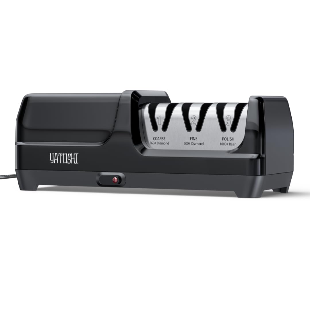Yatoshi Electric Sharpener, 50-Watt, Diamond Abrasives and Precision Angle Guides, 20-Degree Straight-Edge and Serrated Knives, 3 Stage