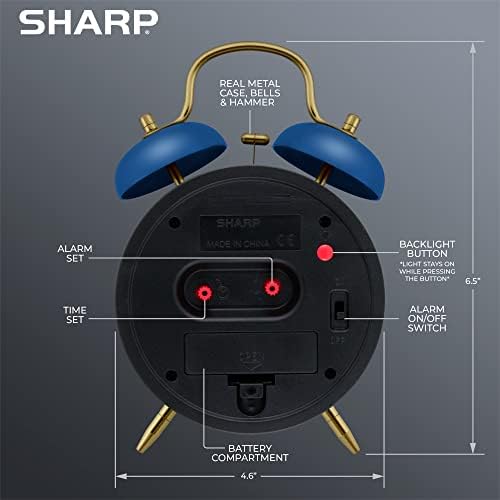 Sharp 4-Inch Twin Bell Alarm Clock for Heavy Sleepers (Matte Navy)