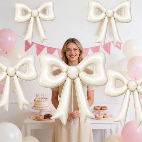 6 Pcs Cream Bow Balloons, 30 Inch Beige Bow Foil Balloon, Cream White Cutout Balloons, for Girls Women Wedding Engagement Bridal Valentine’s Day Proposal Baby Shower Birthday Party Decorations - style: Hollow Bow Cream