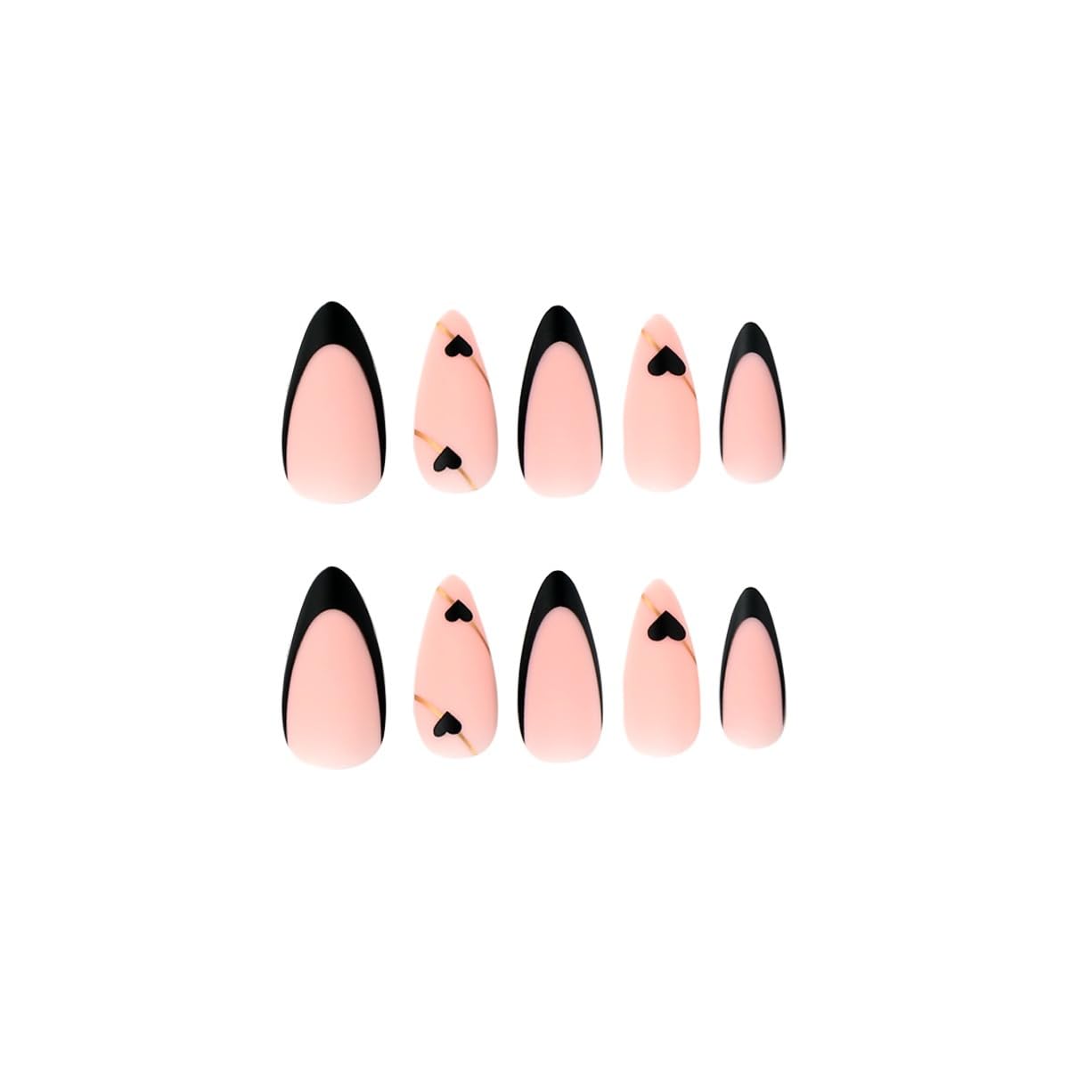 Black French Tip Press On Nails - Almond Medium Fake Nails with Gold Line Design - Heart Full Cover Stick On Nails for Women - 24 Pcs