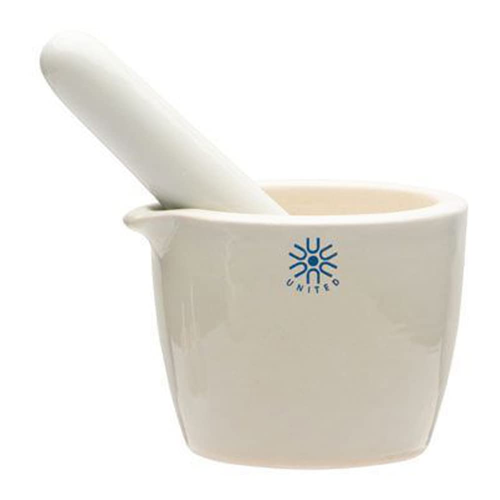 United Scientific™ Ceramic Mortar and Pestle Set - 150mL Capacity, Deep Form with Pour Spout, Unglazed Grinding Bowl Surface for Kitchen or Lab Use - Herbs & Spices, Pill Crusher