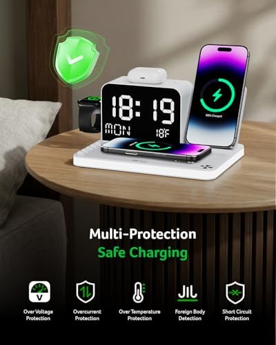 Acer 7-in-1 Wireless Charging Station with LED Clock - 30W Fast Wireless Charger for iPhone 16/15/14/13/12/Pro Max, Apple Watch, AirPods - Bluetooth Auto Time Sync & Night Lights (White)