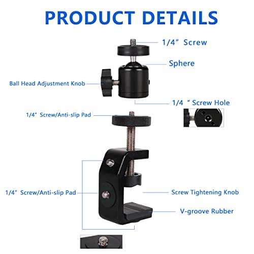 C Clamp Camera Clamp Mount with 1/4" Screw for Photo Studio Video DSLR,Cameras, Light Stand, Desk, Rods, Hooks, Shelves, Cross Bars