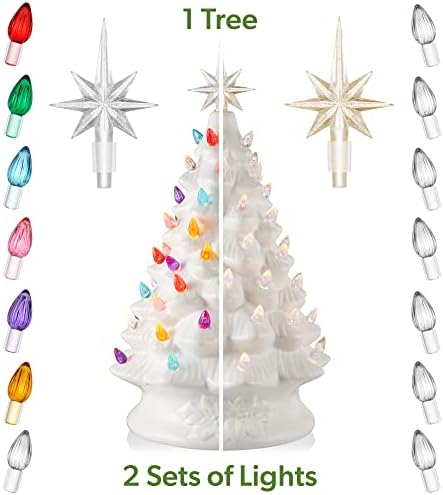 Casafield Hand Painted Ceramic Christmas Tree, White 15-Inch Pre-Lit Tree with 128 Multi Color Lights and 2 Star Toppers