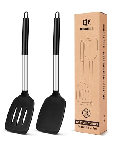Pack of 2 Silicone Solid Turner, Non Stick Slotted Kitchen Spatulas, High Heat Resistant BPA Free Cooking Utensils, Ideal Cookware for Fish, Eggs, Pancakes(Black)