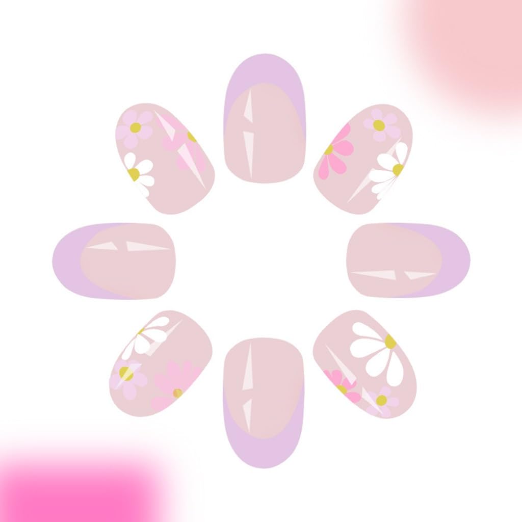 Short Press on Nails Almond Fake Nails with Colorful Flower Design Cute Stick on False Nails for Women Spring Manicure 24Pcs