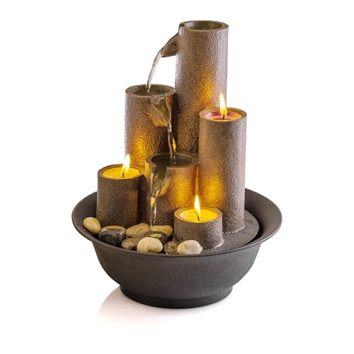 Alpine Corporation WCT202 Indoor Tabletop Tiered Water Fountain Featuring 3 Candles for Desktop and Table, 11", Brown