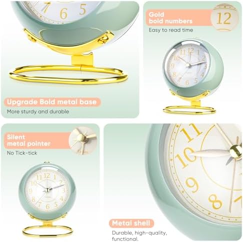 Analog Alarm Clocks,Retro Backlight Cute Simple design Small desk Clock With Night Light,Silent Non-Ticking,Battery Powered,For Kids,teens,Bedroom,travel,kitchen,Bedside Desk decor. (Nostalgic Green)