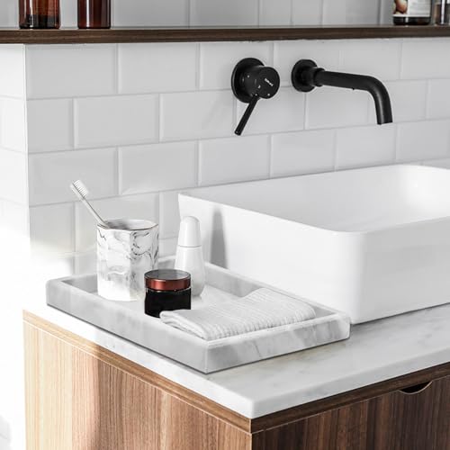 Marble Bathroom Tray,Pure Natural Marble Vanity Tray,Marble Tray for Kitchen Counter Non-Ceramic/Non-Resin,Stone Tray 12 x 8 inch (White) - color: White